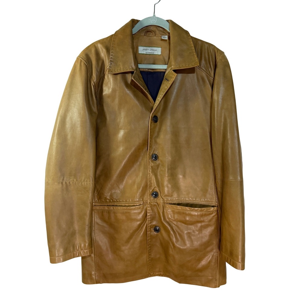 Joseph Abboud Leather Car Coat Mens S Tan Brown Button Front Jacket‎ Outerwear